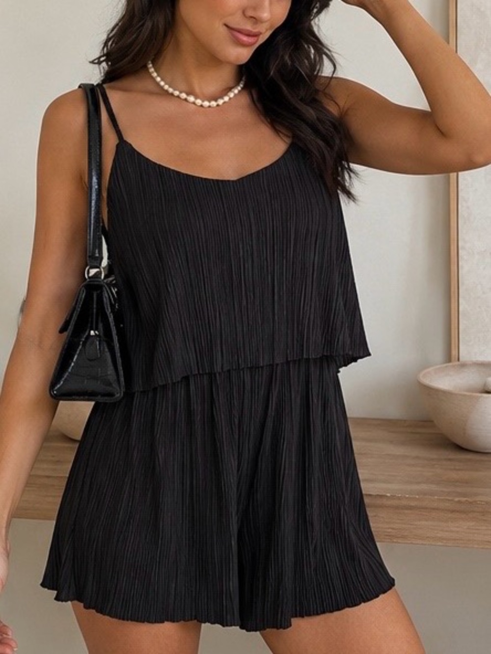Mod On Trend Black Pleated Romper Y2K Coquette Minimalist Chic | Small